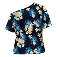 Blue Tropical Hawaii Cross Shoulder Shirt Seamless Monstera Plumeria Hawaiian Pattern LT14 - Polynesian Pride