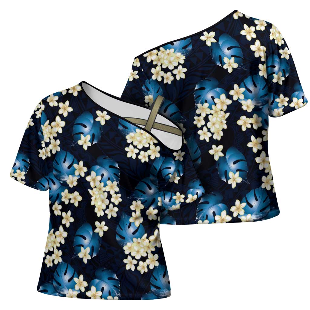 Blue Tropical Hawaii Cross Shoulder Shirt Seamless Monstera Plumeria Hawaiian Pattern LT14 - Polynesian Pride