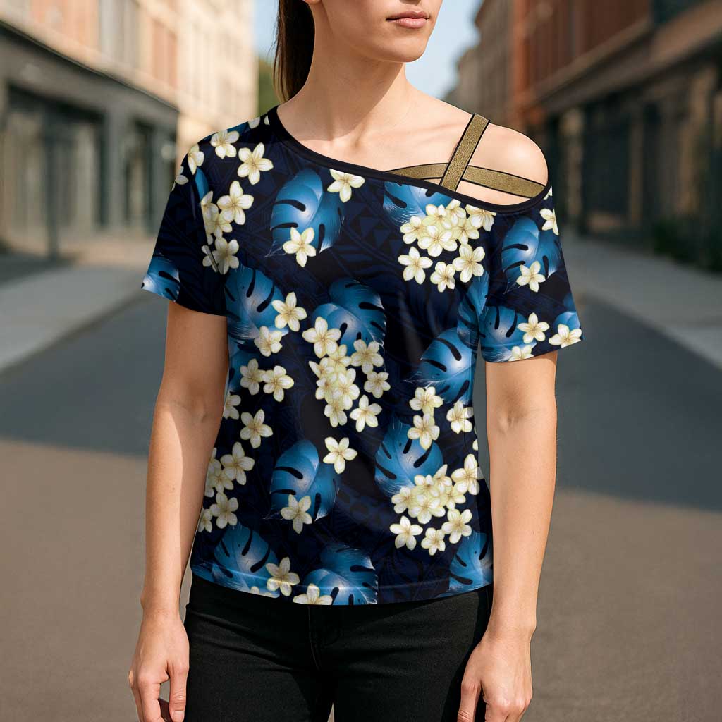 Blue Tropical Hawaii Cross Shoulder Shirt Seamless Monstera Plumeria Hawaiian Pattern LT14 - Polynesian Pride