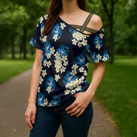 Blue Tropical Hawaii Cross Shoulder Shirt Seamless Monstera Plumeria Hawaiian Pattern LT14 - Polynesian Pride