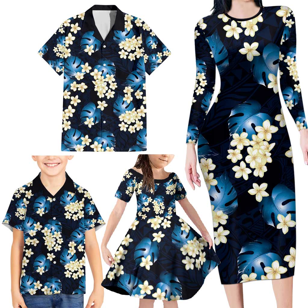 Blue Tropical Hawaii Family Matching Long Sleeve Bodycon Dress and Hawaiian Shirt Seamless Monstera Plumeria Hawaiian Pattern - Polynesian Pride