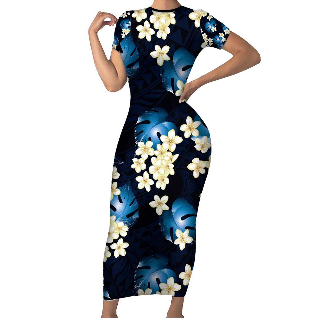 Blue Tropical Hawaii Family Matching Short Sleeve Bodycon Dress and Hawaiian Shirt Seamless Monstera Plumeria Hawaiian Pattern - Polynesian Pride