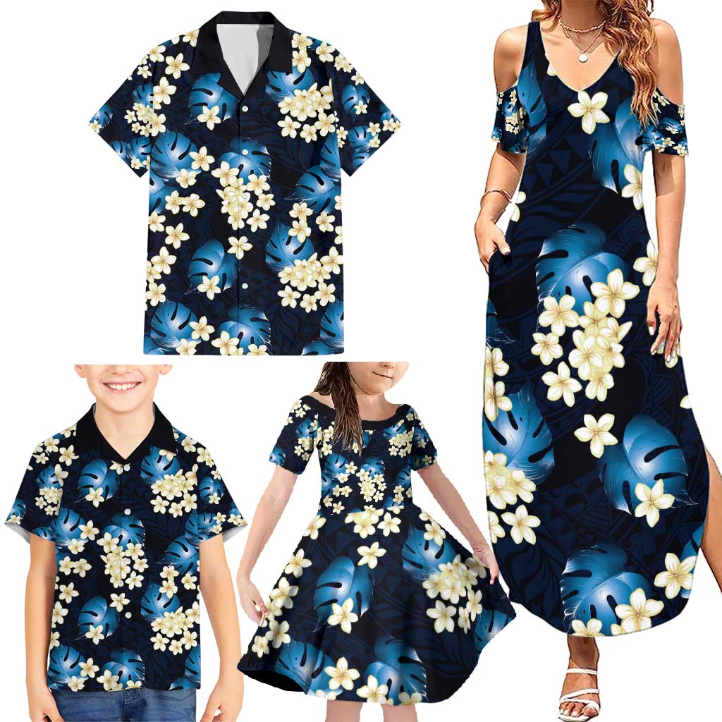 Blue Tropical Hawaii Family Matching Summer Maxi Dress and Hawaiian Shirt Seamless Monstera Plumeria Hawaiian Pattern - Polynesian Pride