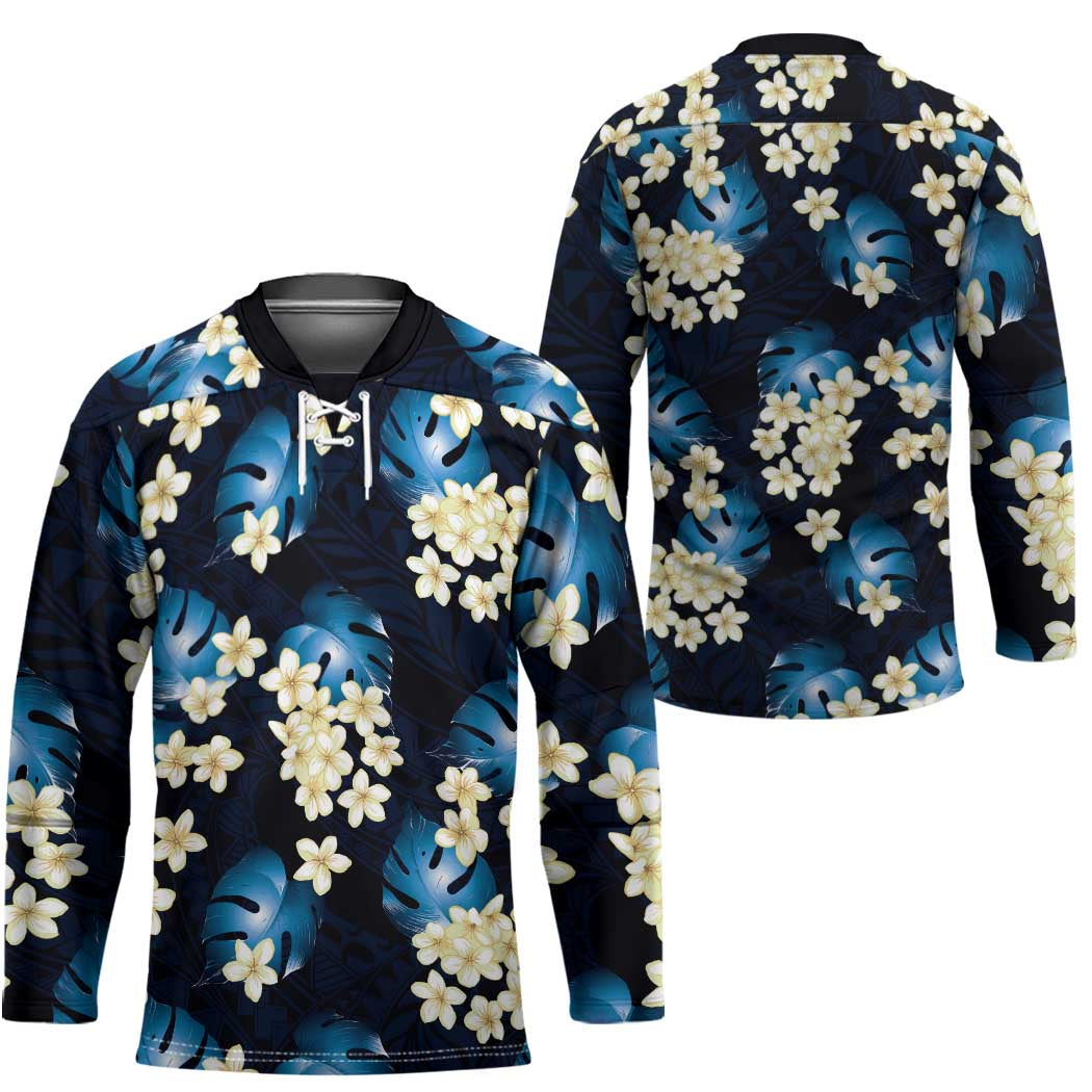 Blue Tropical Hawaii Hockey Jersey Seamless Monstera Plumeria Hawaiian Pattern LT14 - Polynesian Pride