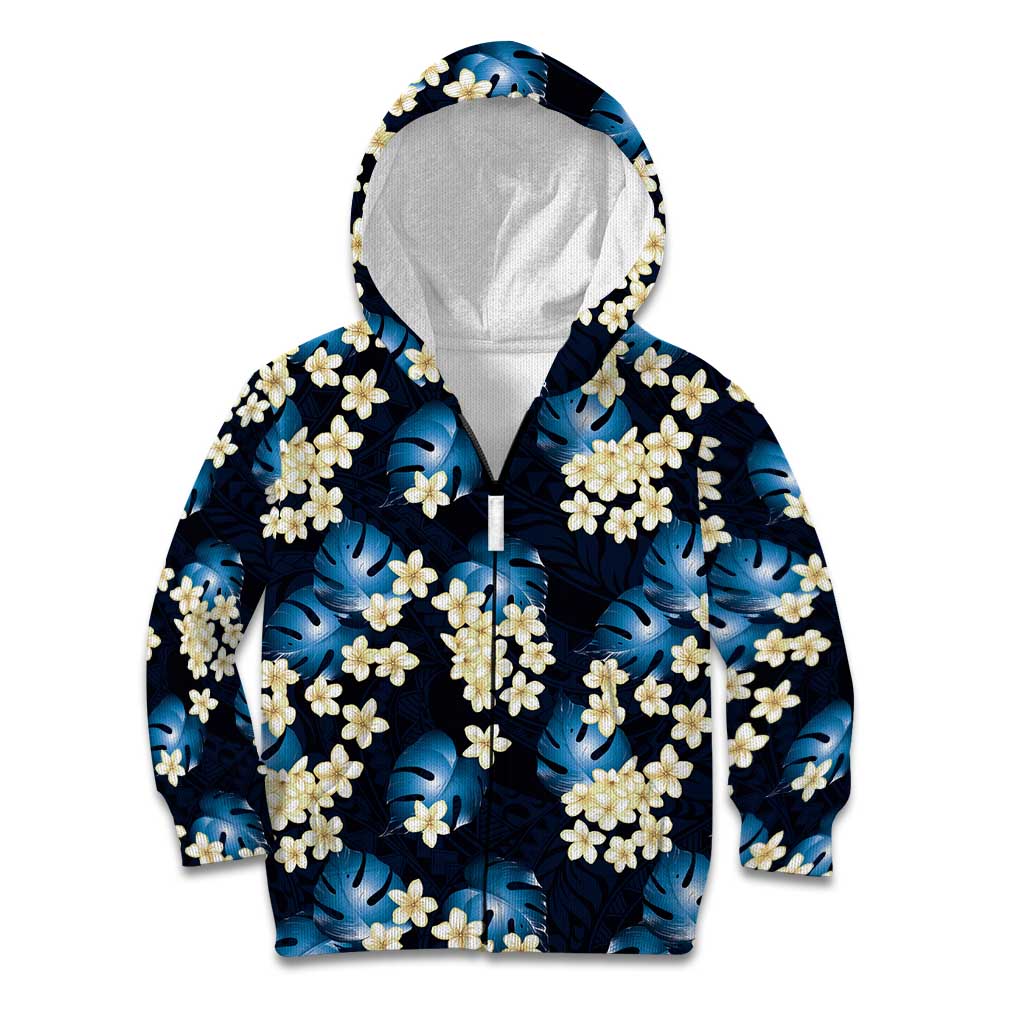 Blue Tropical Hawaii Kid Hoodie Seamless Monstera Plumeria Hawaiian Pattern - Polynesian Pride