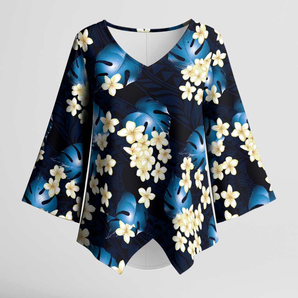 Blue Tropical Hawaii Kimono Sleeve Blouse Seamless Monstera Plumeria Hawaiian Pattern - Polynesian Pride