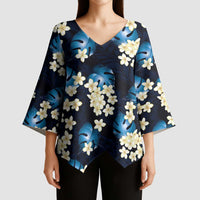 Blue Tropical Hawaii Kimono Sleeve Blouse Seamless Monstera Plumeria Hawaiian Pattern LT14 - Polynesian Pride