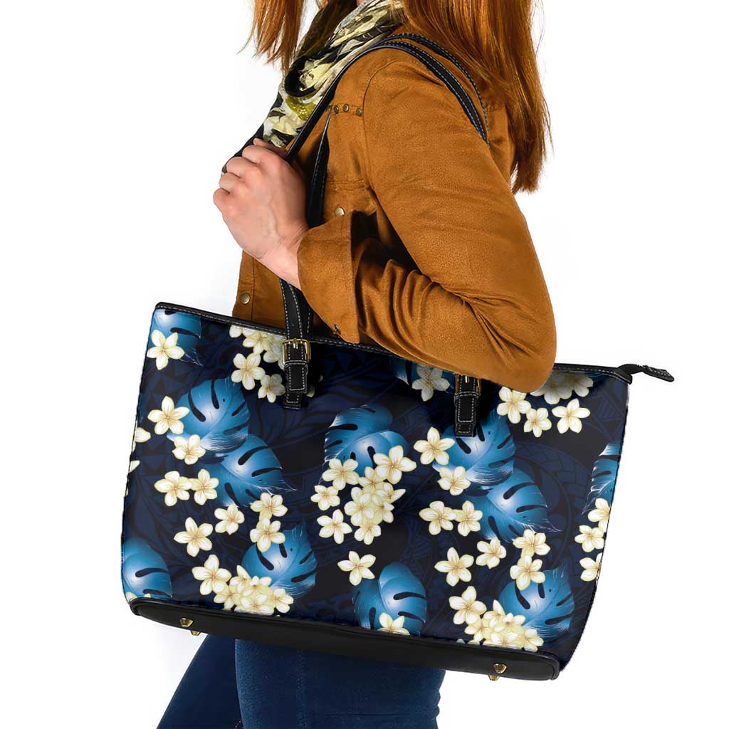 Blue Tropical Hawaii Leather Tote Bag Seamless Monstera Plumeria Hawaiian Pattern - Polynesian Pride