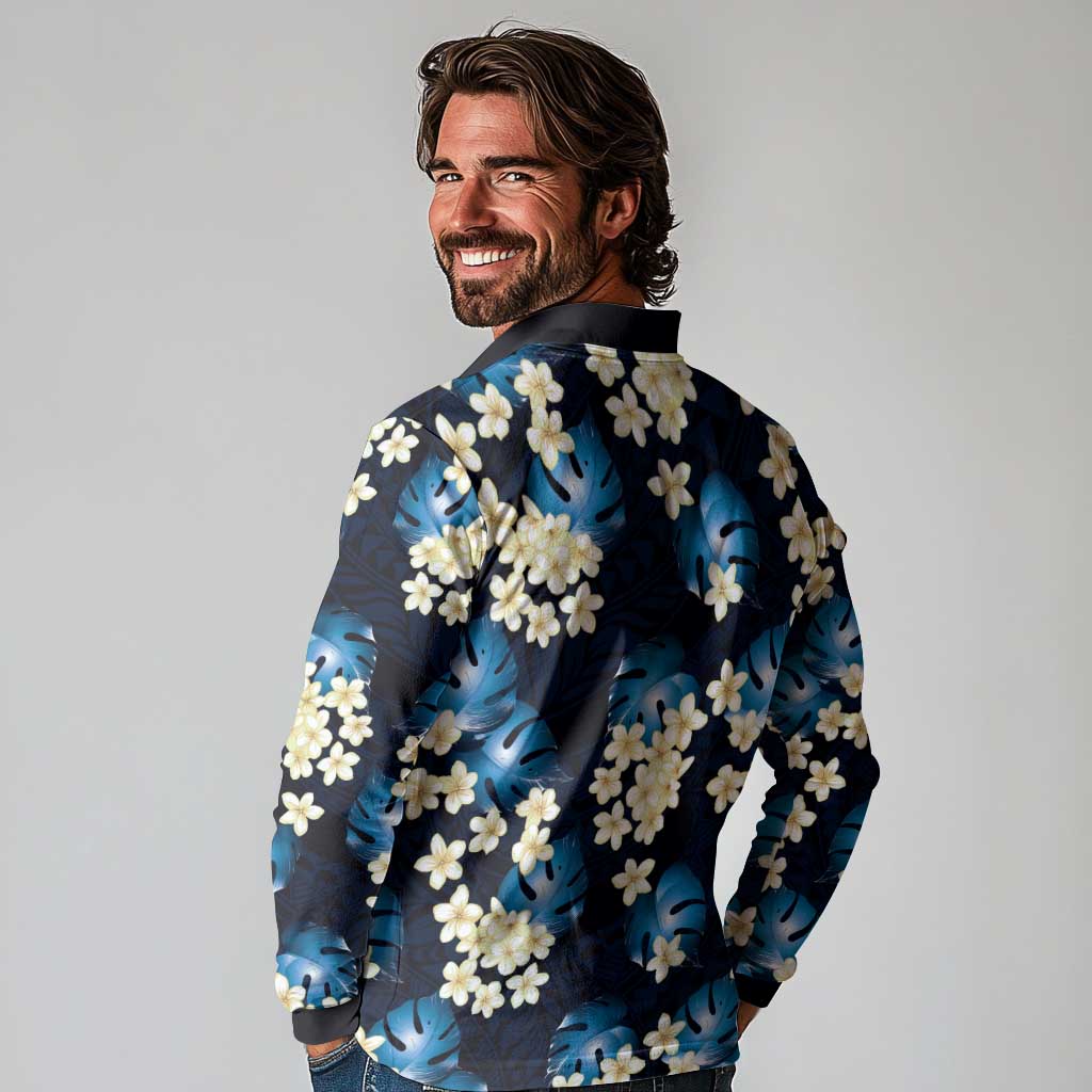 Blue Tropical Hawaii Long Sleeve Polo Shirt Seamless Monstera Plumeria Hawaiian Pattern LT14 - Polynesian Pride