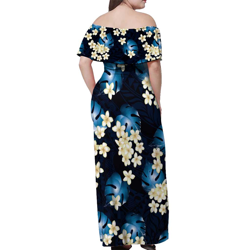 Blue Tropical Hawaii Off Shoulder Maxi Dress Seamless Monstera Plumeria Hawaiian Pattern - Polynesian Pride