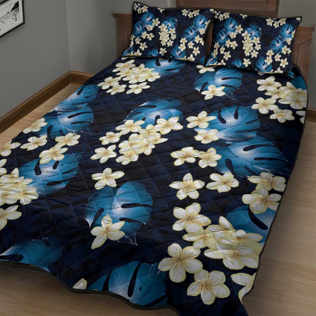 Blue Tropical Hawaii Quilt Bed Set Seamless Monstera Plumeria Hawaiian Pattern - Polynesian Pride