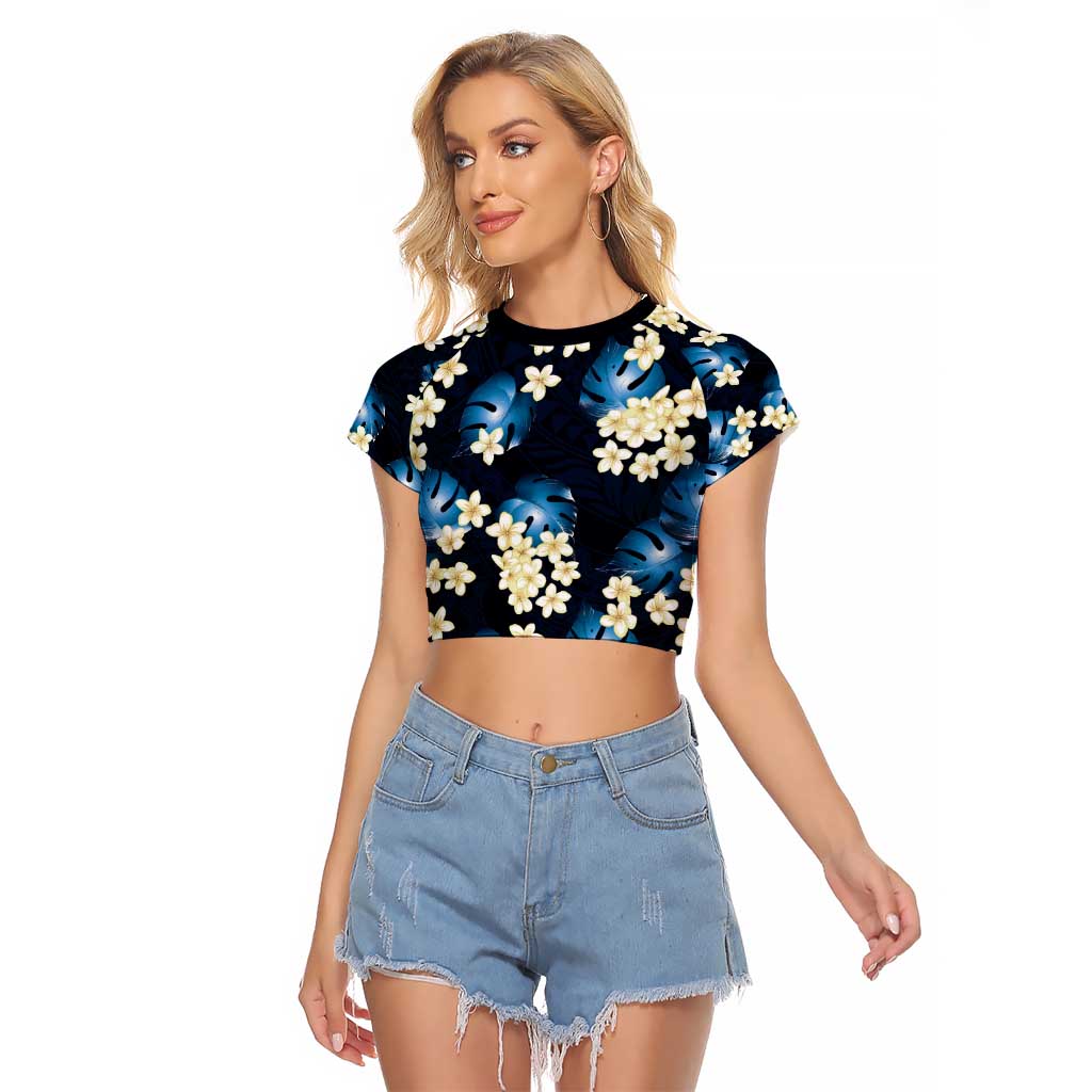 Blue Tropical Hawaii Raglan Cropped T Shirt Seamless Monstera Plumeria Hawaiian Pattern - Polynesian Pride