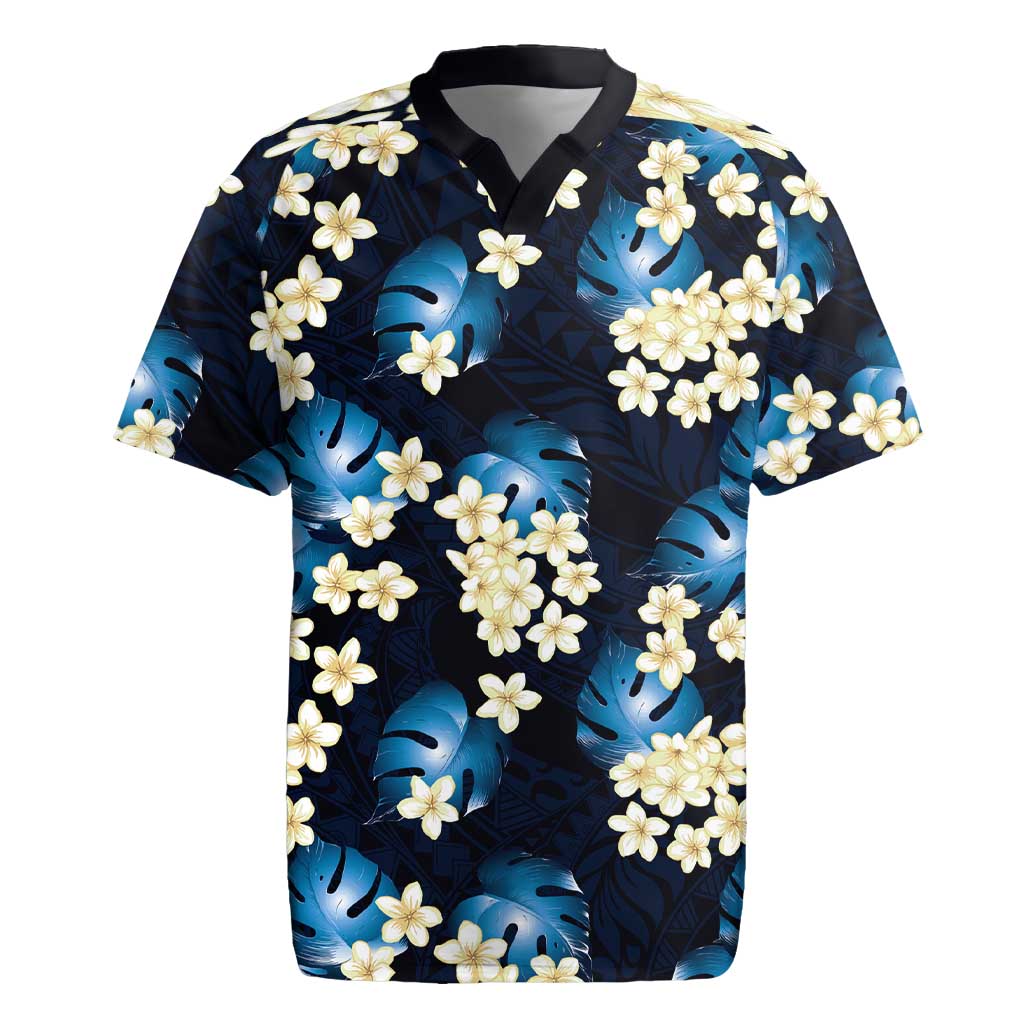Blue Tropical Hawaii Rugby Jersey Seamless Monstera Plumeria Hawaiian Pattern LT14 Blue - Polynesian Pride
