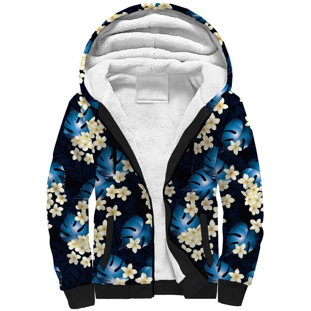 Blue Tropical Hawaii Sherpa Hoodie Seamless Monstera Plumeria Hawaiian Pattern LT14 Unisex Blue - Polynesian Pride