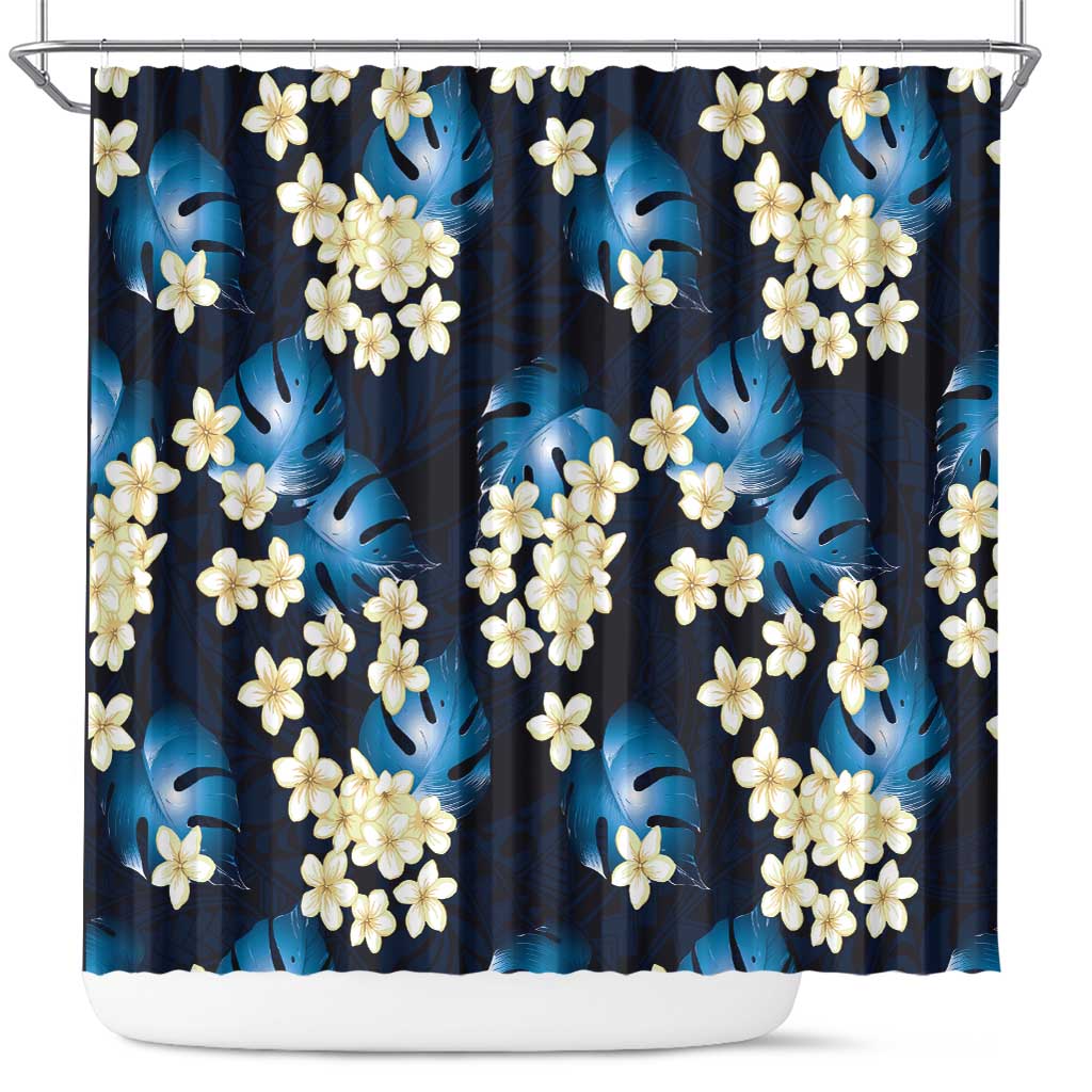 Blue Tropical Hawaii Shower Curtain Seamless Monstera Plumeria Hawaiian Pattern - Polynesian Pride