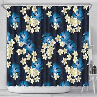 Blue Tropical Hawaii Shower Curtain Seamless Monstera Plumeria Hawaiian Pattern - Polynesian Pride