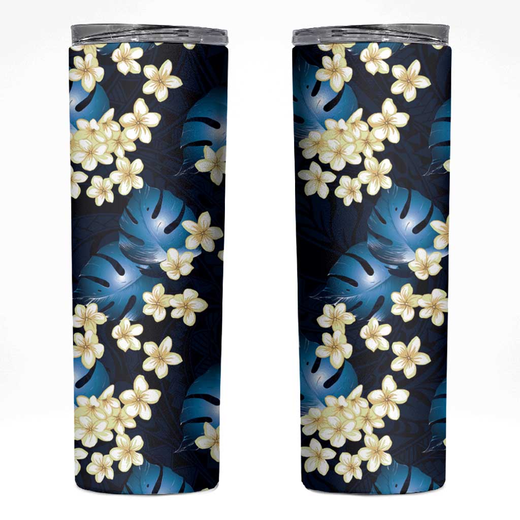 Blue Tropical Hawaii Skinny Tumbler Seamless Monstera Plumeria Hawaiian Pattern - Polynesian Pride