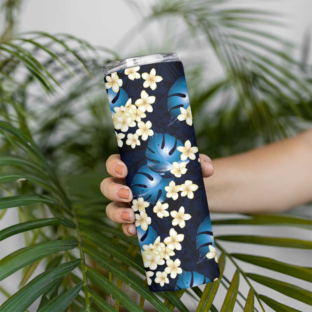 Blue Tropical Hawaii Skinny Tumbler Seamless Monstera Plumeria Hawaiian Pattern - Polynesian Pride