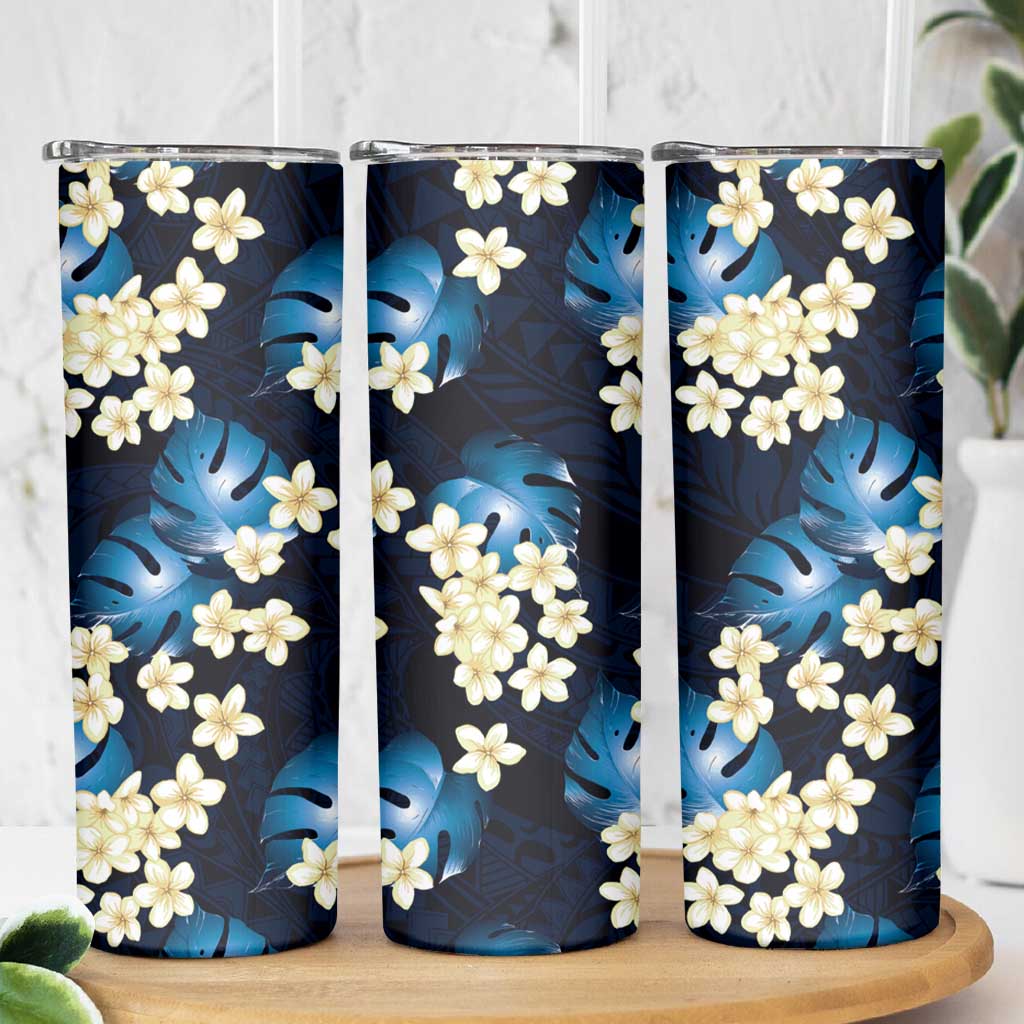 Blue Tropical Hawaii Skinny Tumbler Seamless Monstera Plumeria Hawaiian Pattern - Polynesian Pride