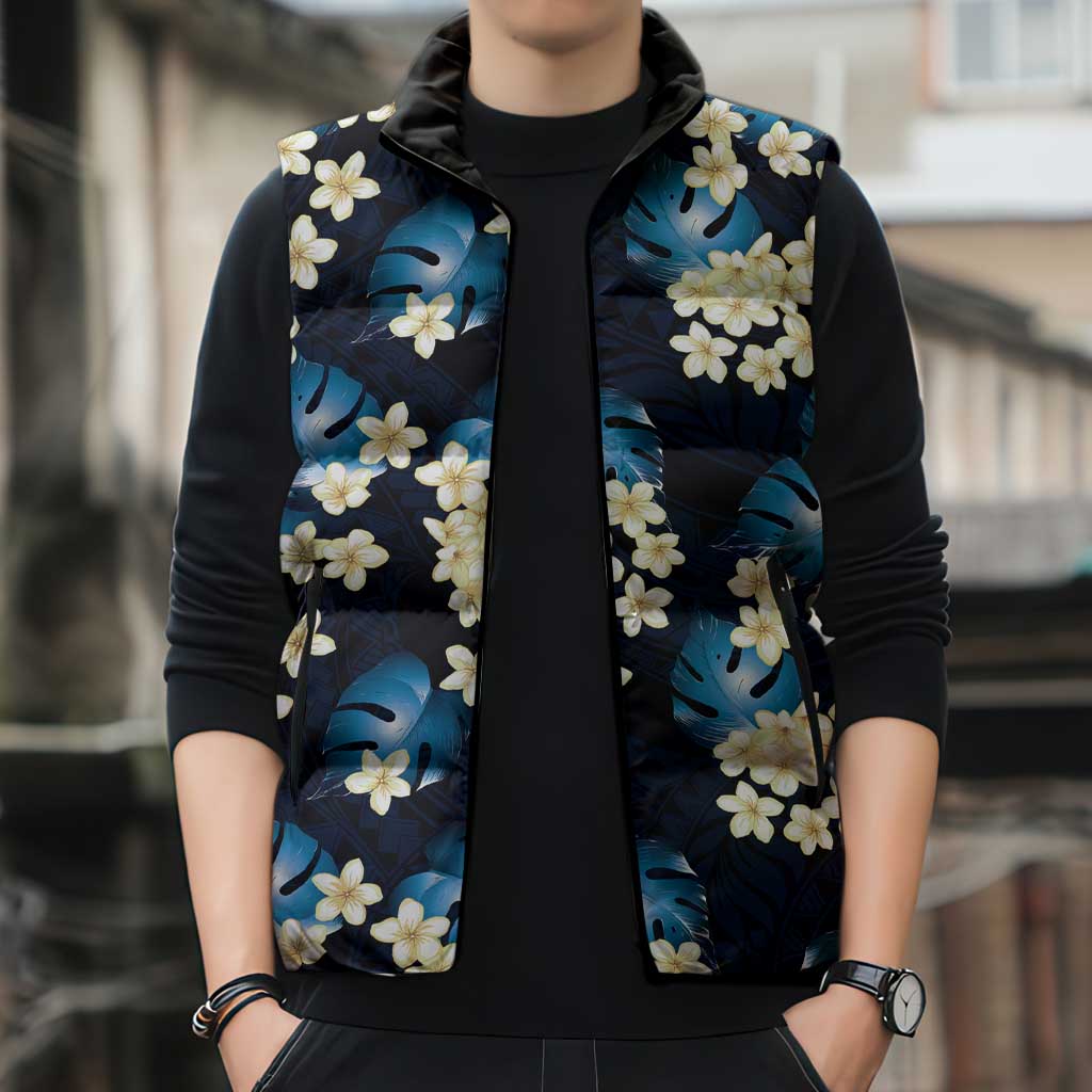 Blue Tropical Hawaii Sleeveless Puffer Jacket Seamless Monstera Plumeria Hawaiian Pattern LT14 - Polynesian Pride