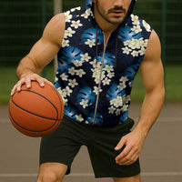 Blue Tropical Hawaii Sleeveless Zip Hoodie Seamless Monstera Plumeria Hawaiian Pattern - Polynesian Pride