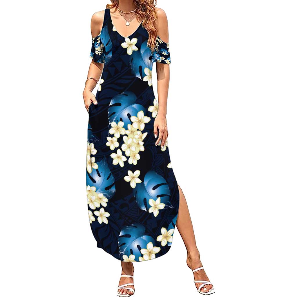 Blue Tropical Hawaii Summer Maxi Dress Seamless Monstera Plumeria Hawaiian Pattern - Polynesian Pride