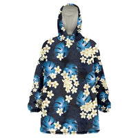 Blue Tropical Hawaii Wearable Blanket Hoodie Seamless Monstera Plumeria Hawaiian Pattern LT14 One Size Blue - Polynesian Pride