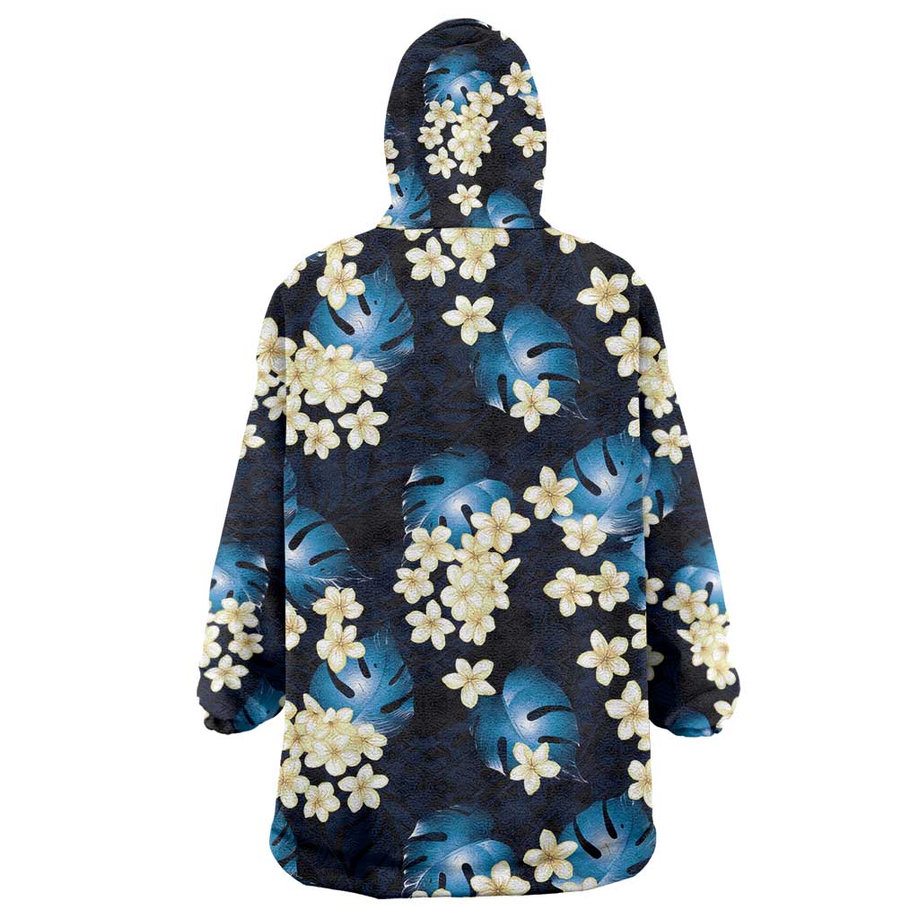 Blue Tropical Hawaii Wearable Blanket Hoodie Seamless Monstera Plumeria Hawaiian Pattern LT14 - Polynesian Pride