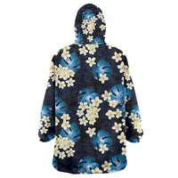 Blue Tropical Hawaii Wearable Blanket Hoodie Seamless Monstera Plumeria Hawaiian Pattern LT14 - Polynesian Pride