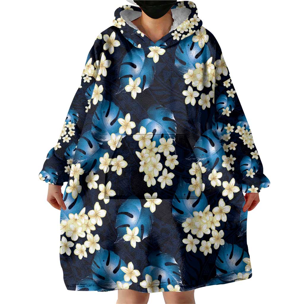 Blue Tropical Hawaii Wearable Blanket Hoodie Seamless Monstera Plumeria Hawaiian Pattern LT14 - Polynesian Pride