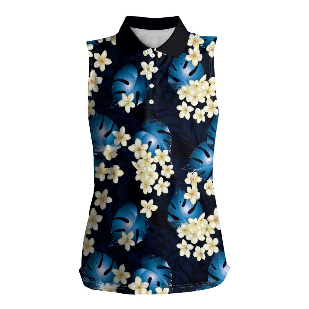 Blue Tropical Hawaii Women Sleeveless Polo Shirt Seamless Monstera Plumeria Hawaiian Pattern LT14 Female Blue - Polynesian Pride