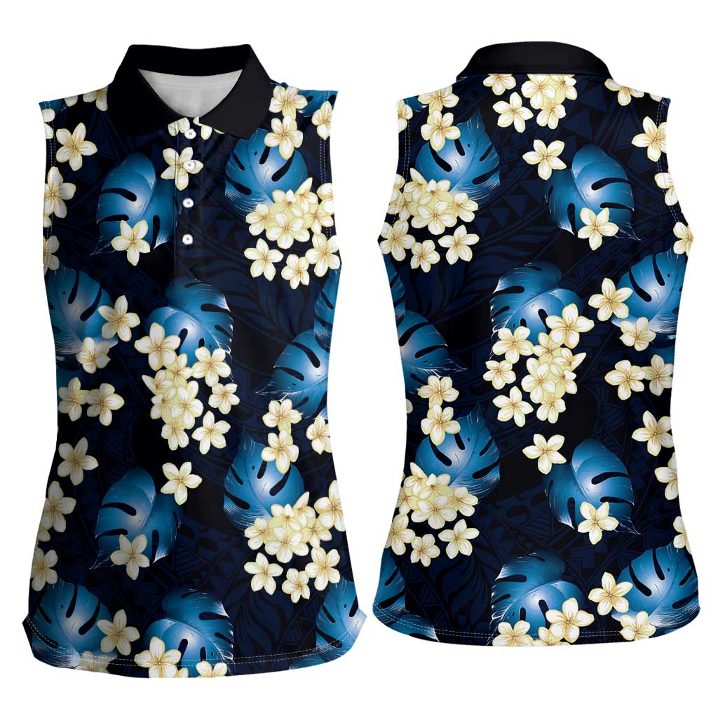 Blue Tropical Hawaii Women Sleeveless Polo Shirt Seamless Monstera Plumeria Hawaiian Pattern LT14 - Polynesian Pride
