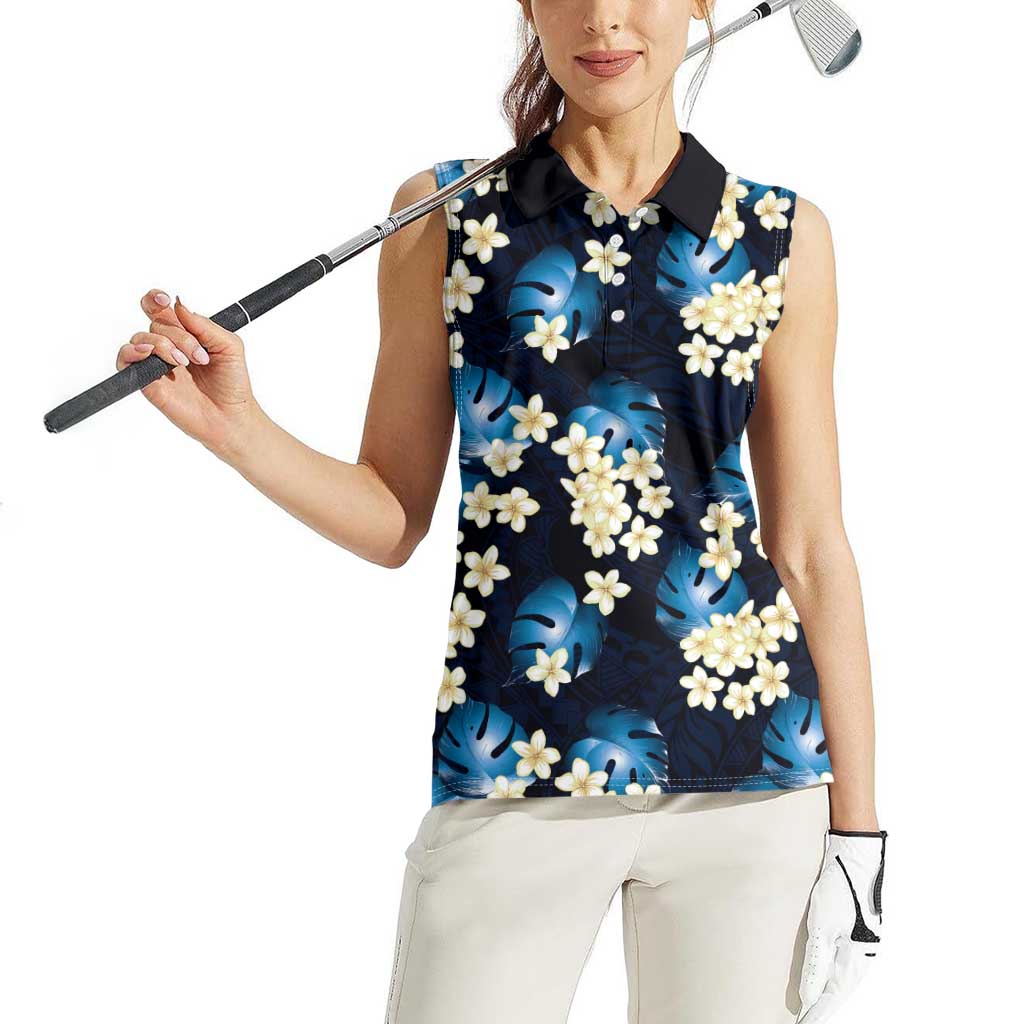 Blue Tropical Hawaii Women Sleeveless Polo Shirt Seamless Monstera Plumeria Hawaiian Pattern LT14 - Polynesian Pride
