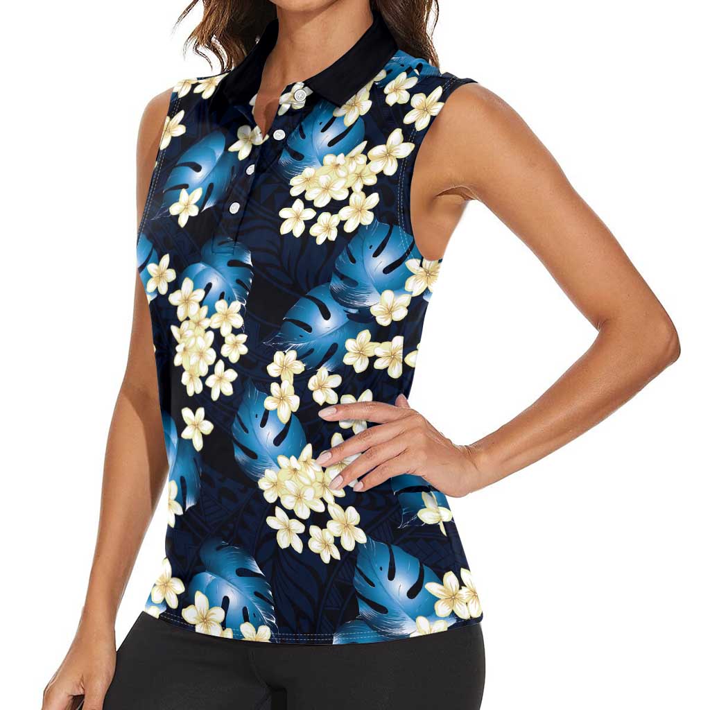 Blue Tropical Hawaii Women Sleeveless Polo Shirt Seamless Monstera Plumeria Hawaiian Pattern LT14 - Polynesian Pride