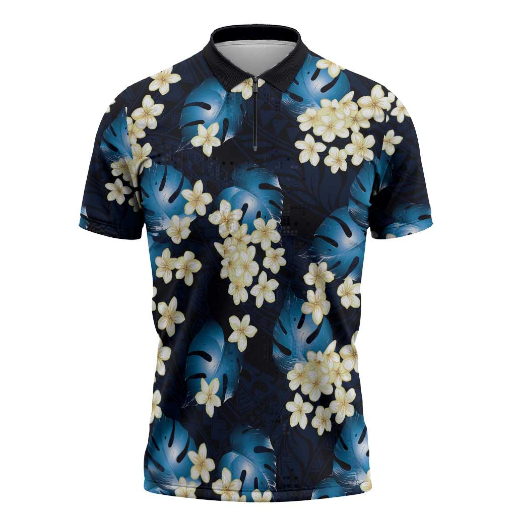 Blue Tropical Hawaii Zipper Polo Shirt Seamless Monstera Plumeria Hawaiian Pattern LT14 Blue - Polynesian Pride