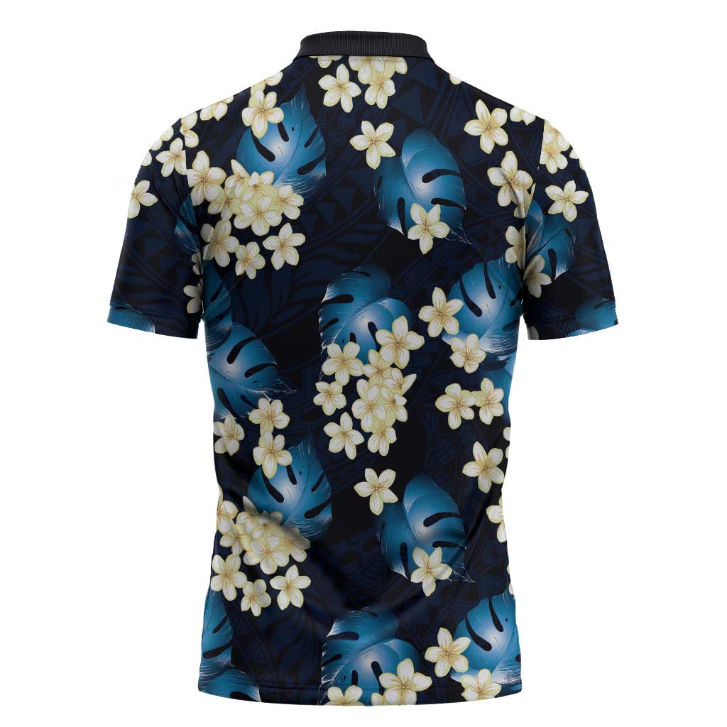 Blue Tropical Hawaii Zipper Polo Shirt Seamless Monstera Plumeria Hawaiian Pattern LT14 - Polynesian Pride