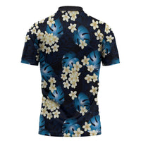 Blue Tropical Hawaii Zipper Polo Shirt Seamless Monstera Plumeria Hawaiian Pattern LT14 - Polynesian Pride