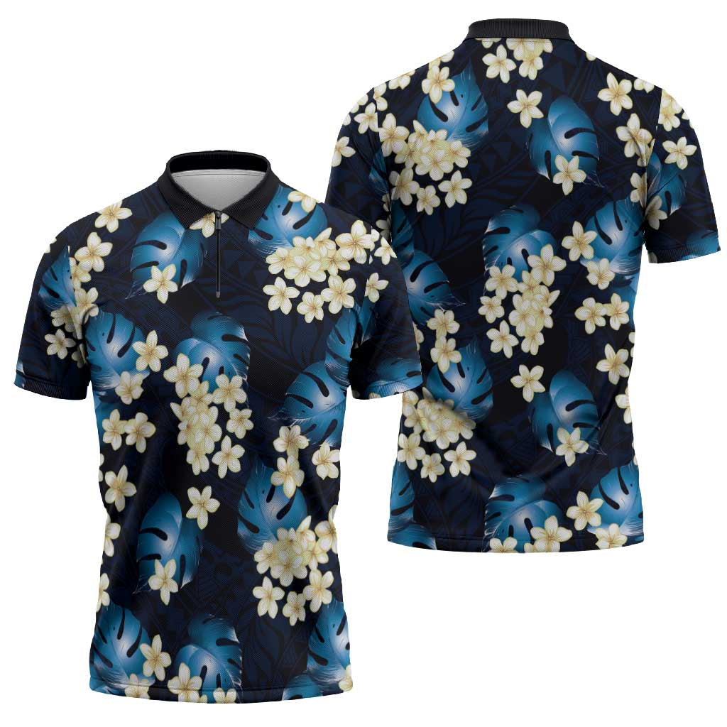 Blue Tropical Hawaii Zipper Polo Shirt Seamless Monstera Plumeria Hawaiian Pattern LT14 - Polynesian Pride