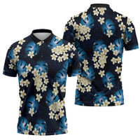 Blue Tropical Hawaii Zipper Polo Shirt Seamless Monstera Plumeria Hawaiian Pattern LT14 - Polynesian Pride