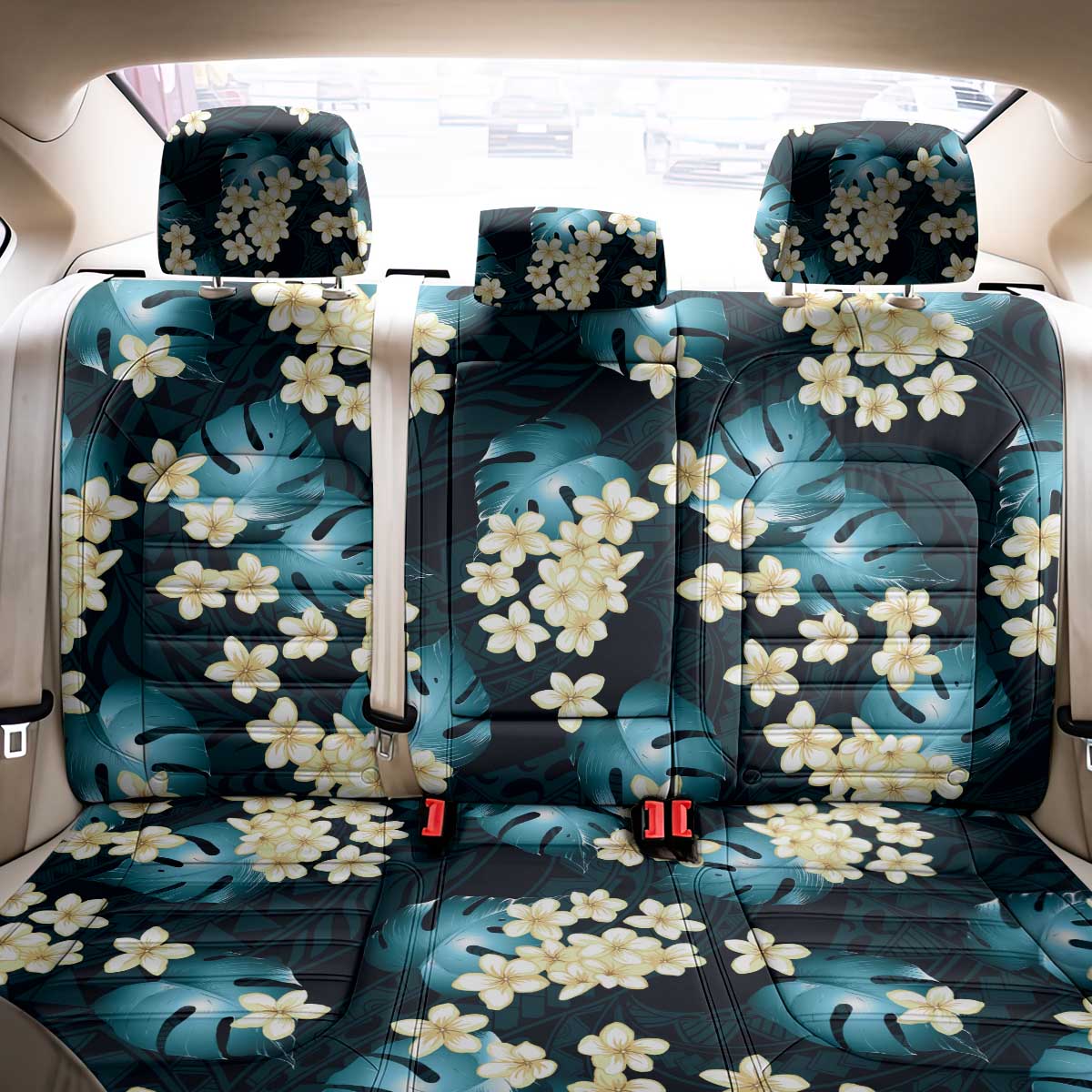 Dark Cyan Tropical Hawaii Back Car Seat Cover Seamless Monstera Plumeria Hawaiian Pattern - Polynesian Pride