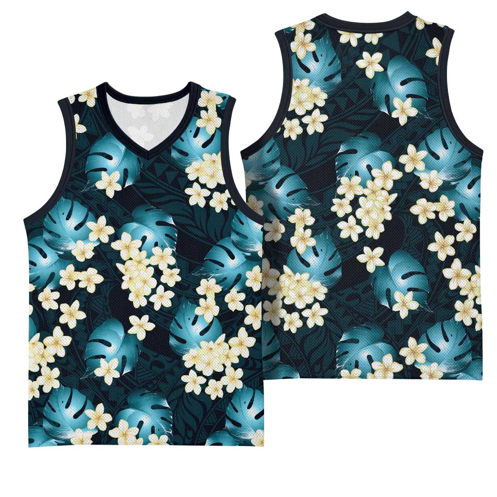 Dark Cyan Tropical Hawaii Basketball Jersey Seamless Monstera Plumeria Hawaiian Pattern LT14 - Polynesian Pride