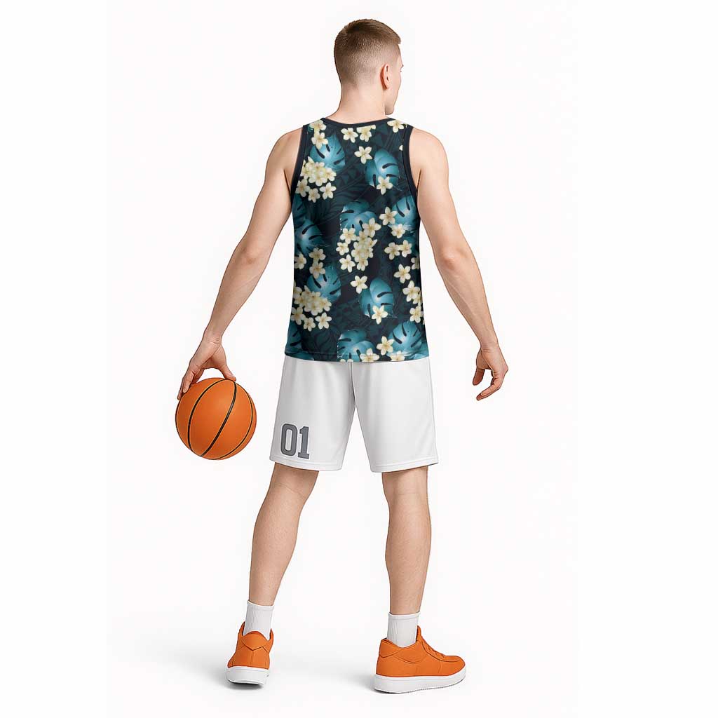 Dark Cyan Tropical Hawaii Basketball Jersey Seamless Monstera Plumeria Hawaiian Pattern LT14 - Polynesian Pride