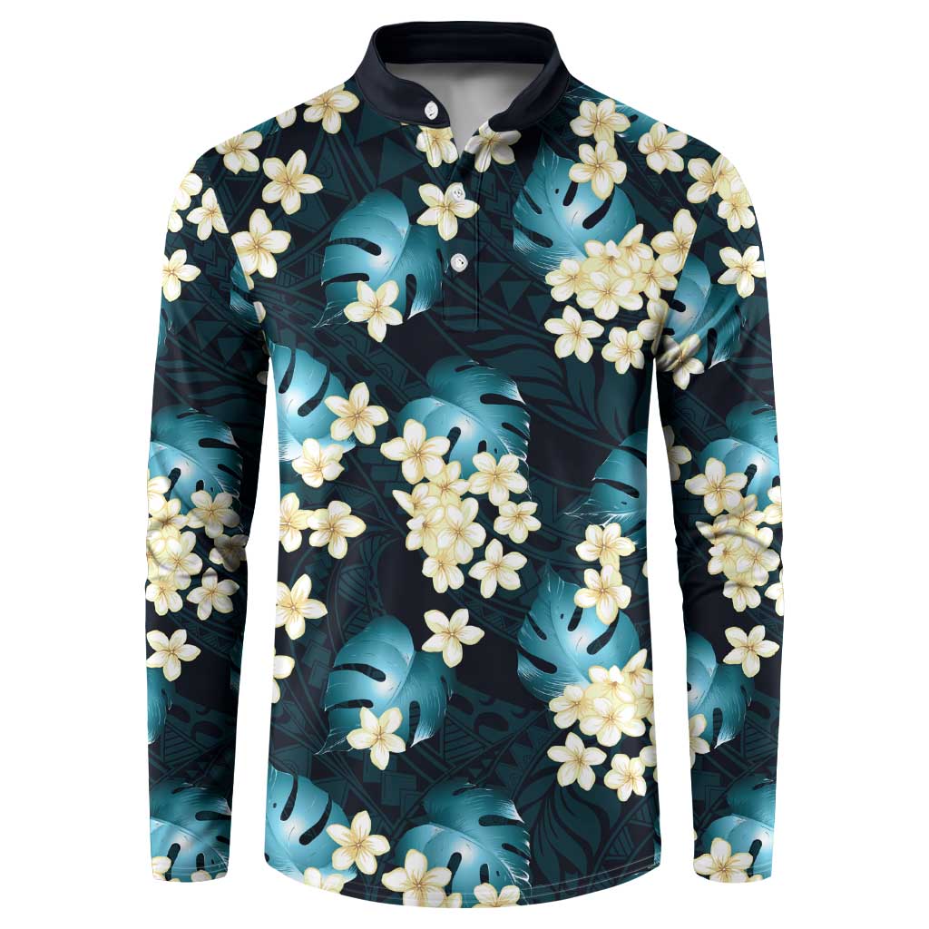 Dark Cyan Tropical Hawaii Button Sweatshirt Seamless Monstera Plumeria Hawaiian Pattern LT14 Dark Cyan - Polynesian Pride
