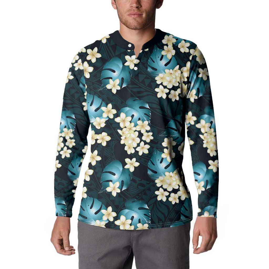 Dark Cyan Tropical Hawaii Button Sweatshirt Seamless Monstera Plumeria Hawaiian Pattern LT14 - Polynesian Pride