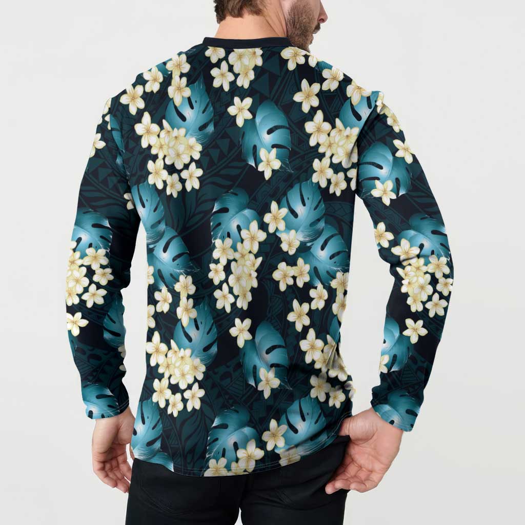 Dark Cyan Tropical Hawaii Button Sweatshirt Seamless Monstera Plumeria Hawaiian Pattern LT14 - Polynesian Pride