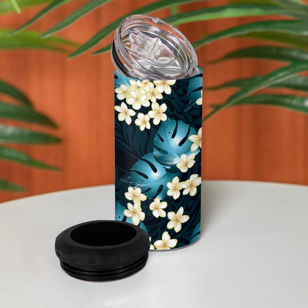 Dark Cyan Tropical Hawaii 4 in 1 Can Cooler Tumbler Seamless Monstera Plumeria Hawaiian Pattern - Polynesian Pride