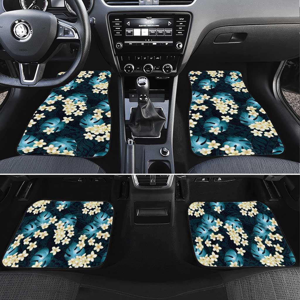 Dark Cyan Tropical Hawaii Car Mats Seamless Monstera Plumeria Hawaiian Pattern - Polynesian Pride