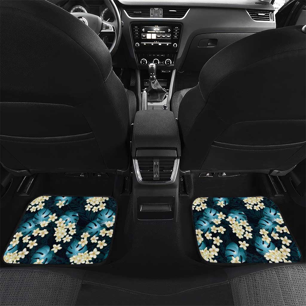 Dark Cyan Tropical Hawaii Car Mats Seamless Monstera Plumeria Hawaiian Pattern - Polynesian Pride