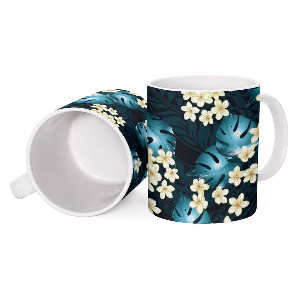 Dark Cyan Tropical Hawaii Ceramic Mug Seamless Monstera Plumeria Hawaiian Pattern LT14 - Polynesian Pride