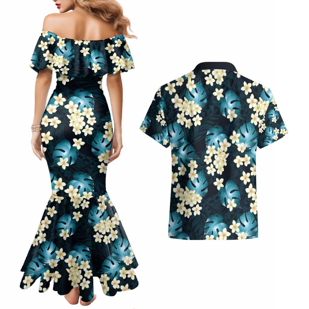 Dark Cyan Tropical Hawaii Couples Matching Mermaid Dress and Hawaiian Shirt Seamless Monstera Plumeria Hawaiian Pattern - Polynesian Pride